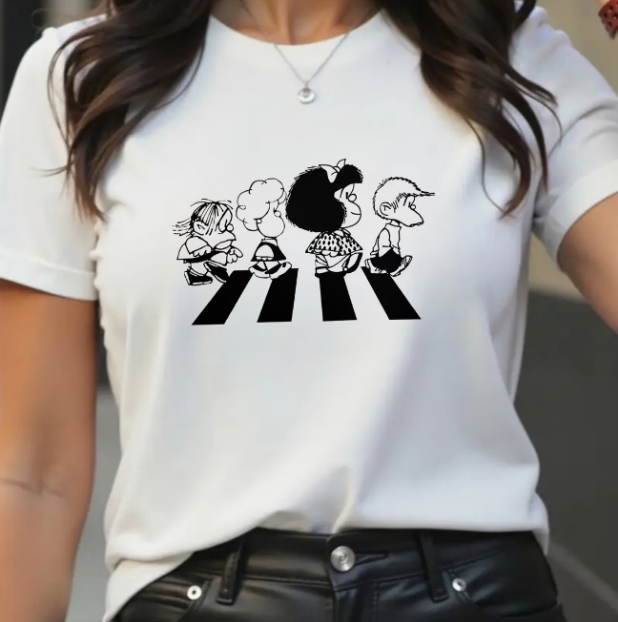 Mafada T shirt 漫画小人过马路印花短袖T恤女百搭小个子白色T恤