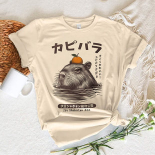 Cute Capybara T shirt 卡通水豚印花T恤男女情侣装夏季圆领体恤