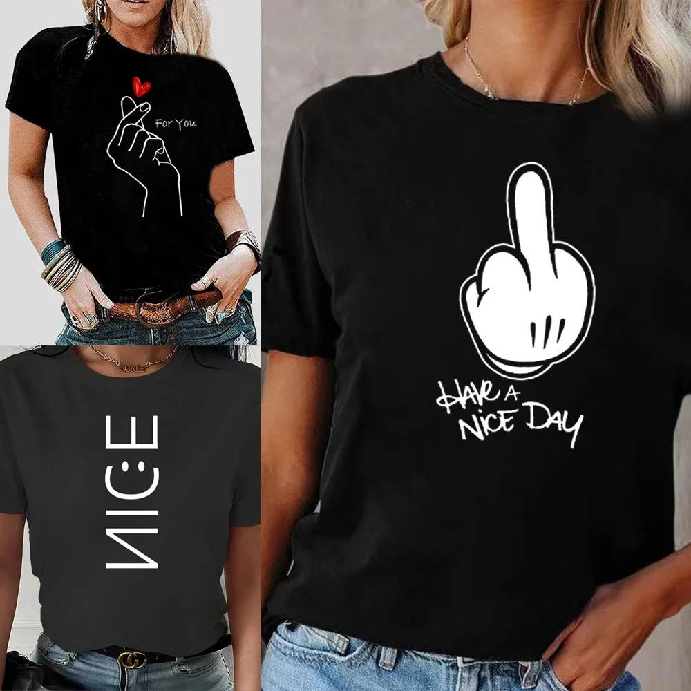 White Print T shirt 时尚趣味白色图案印花夏季大码黑色上衣T恤