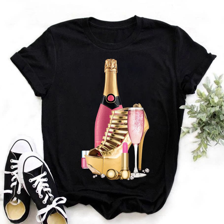 2023新款夏季女装个性香槟高跟鞋印花短袖T恤黑色休闲女士打底衫