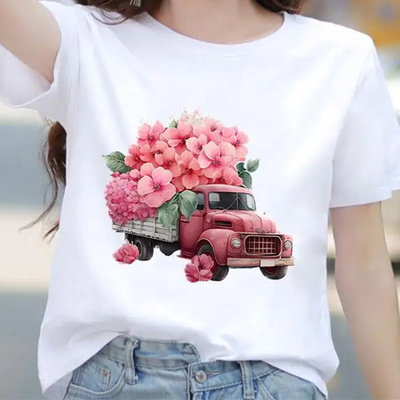 Floral Car T shirt 时尚卡车鲜花圆领短袖T恤女小众风上衣短袖衫