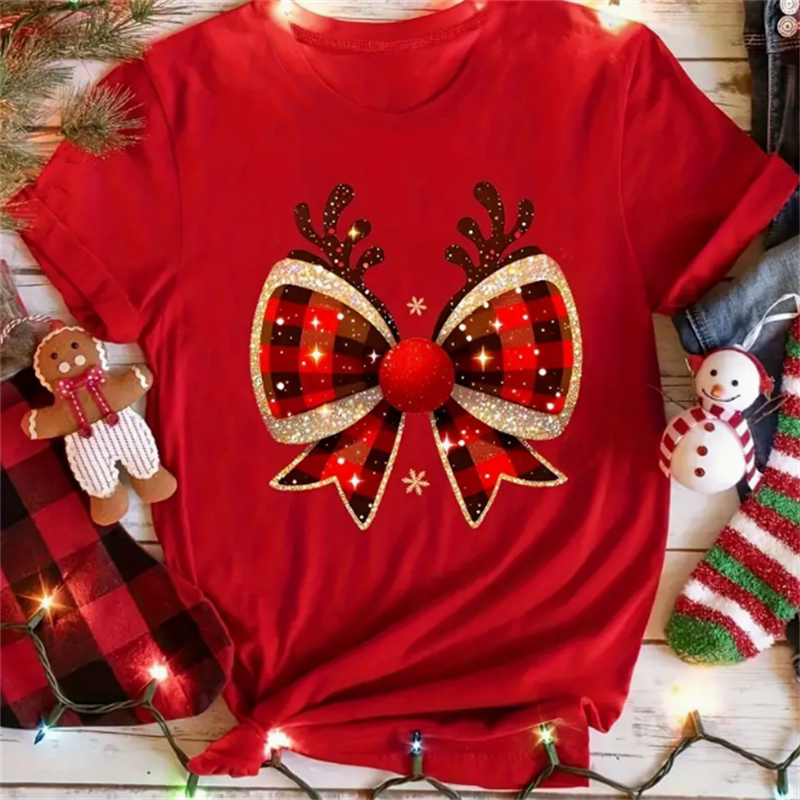 Christmas Bow T shirt 新款时尚圣诞格子蝴蝶节印花女士短袖T恤