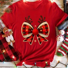Christmas Bow T shirt 新款时尚圣诞格子蝴蝶节印花女士短袖T恤