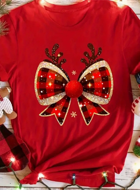 Christmas Bow T shirt 新款时尚圣诞格子蝴蝶节印花女士短袖T恤