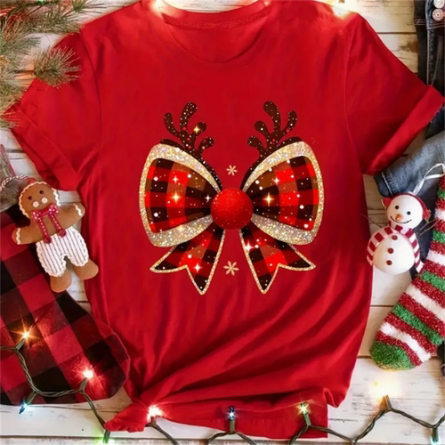Christmas Bow T shirt 新款时尚圣诞格子蝴蝶节印花女士短袖T恤