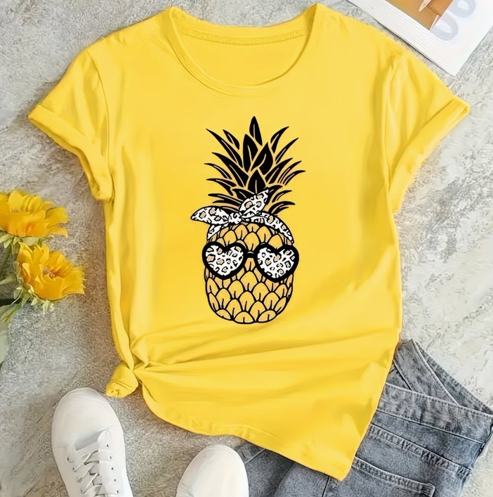 Pineapple T shirt 新款个性卡通菠萝印花女士黄色短袖T恤圆领衫