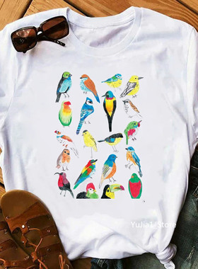Bird T shirt 新款卡通鹦鹉鸟类印花女士白色百搭上衣T恤圆领衫