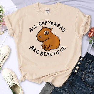 shirt 新款 Capybara 小众风杏色女士T恤可爱水豚印花短袖 打底衫
