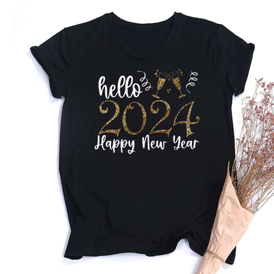 Happy New Year T shirt 2024新年快乐迎新早春T恤亲子装黑色短袖