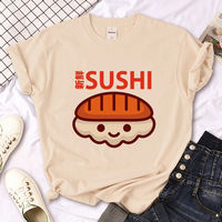Sushi T-shirt: A personalized cartoon sushi print short-sleeved T-shirt for women, a khaki round-neck top T-shirt thumbnail 3