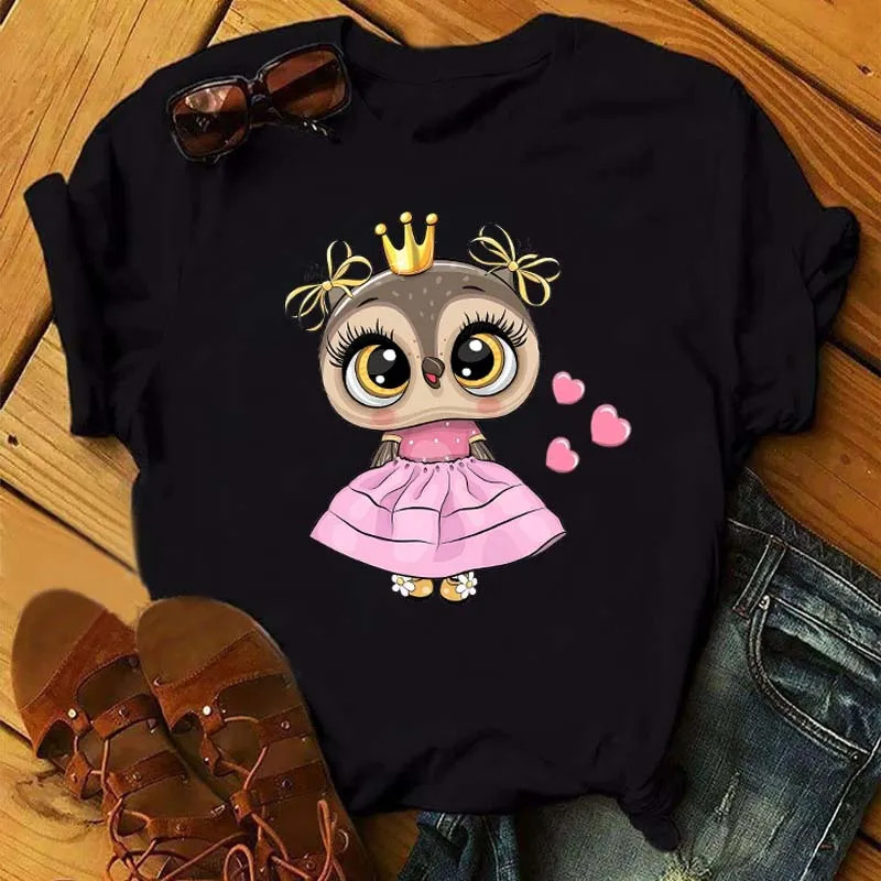 Owl T shirt 卡通可爱猫头鹰印花圆领短袖T恤休闲大码女士打底衫