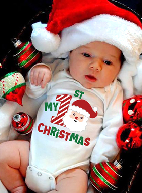 My First Christmas Bodysuit 婴儿宝宝圣诞节纯棉长袖连体衣爬服