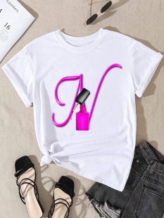 Nail Art Letter T shirt 白色T恤女短袖个性红色字母指甲油体恤