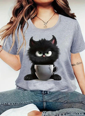 Black Cat T shirt 卡通可爱黑色猫咪咖啡杯印花休闲圆领打底衫