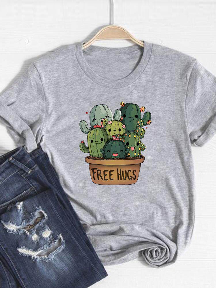 Cactus T shirt 时尚灰色短袖T恤女仙人掌印花圆领休闲半袖衫潮