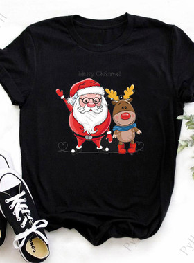 New Christmas T shirt 新款黑色圣诞T恤超Q圣诞老人圣诞鹿T恤