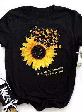 Sunflower T shirt 新款夏季女士黑色短袖时尚太阳花向日葵体恤衫