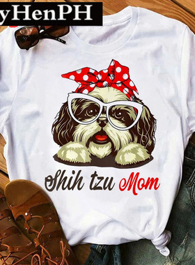 Shih Tzu T shirt 可爱狮子骢狗狗印花女士短袖T恤夏季亲子装上衣