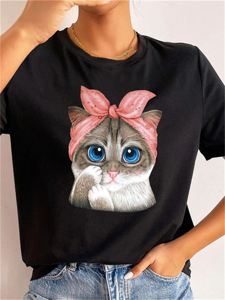 Cute Cat T shirt 可爱粉色蝴蝶结猫咪T恤短袖女夏季黑色上衣体恤