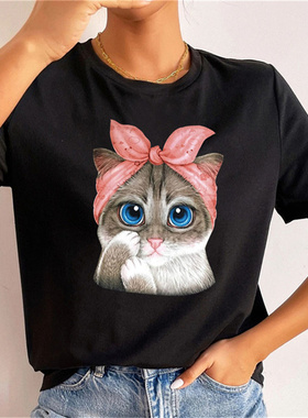 Cute Cat T shirt 可爱粉色蝴蝶结猫咪T恤短袖女夏季黑色上衣体恤