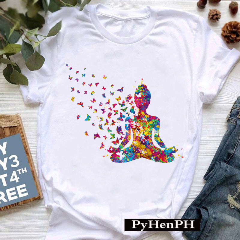 Yoga T shirt Women 2021年水彩瑜伽印花T恤学生短袖少女粉色上衣