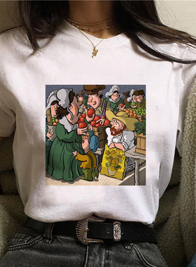 Van Gogh T-shirt Woman 卡通恶搞梵高油画短袖T恤女白色街头半袖