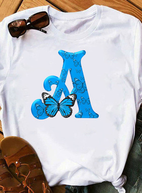 26 English Letter T shirt 26蓝色字母蝴蝶印花短袖T恤女衣服夏