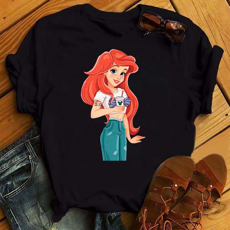 Princess T shirt 欧美时尚公主印花短袖T恤女小众风黑色体恤衫