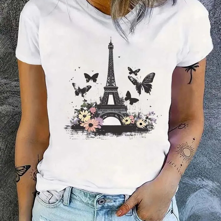 Iron tower T shirt 时尚巴黎铁塔印花女士小清新白色T恤夏季短袖