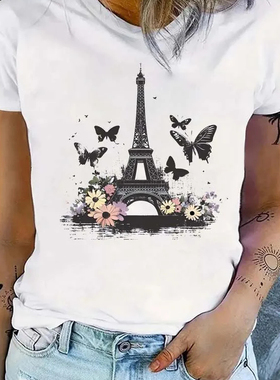 Iron tower T shirt 时尚巴黎铁塔印花女士小清新白色T恤夏季短袖