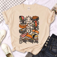 Sushi T-shirt: A personalized cartoon sushi print short-sleeved T-shirt for women, a khaki round-neck top T-shirt thumbnail 7