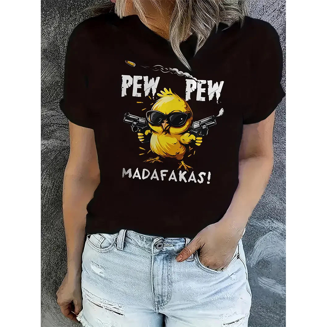 Yellow Dark T shirt 卡通可爱黄色鸭子印花女士黑色上衣短袖T恤