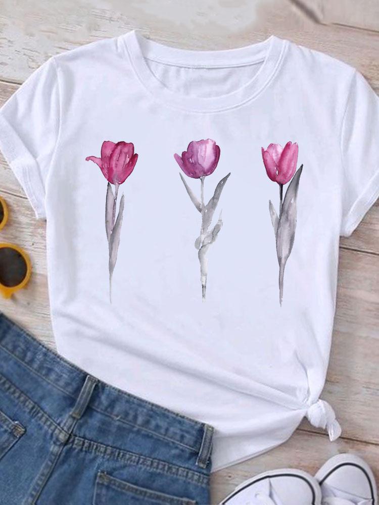 Floral T shirt 夏季时尚水彩花朵短袖T恤女士休闲白色亲子装衣服