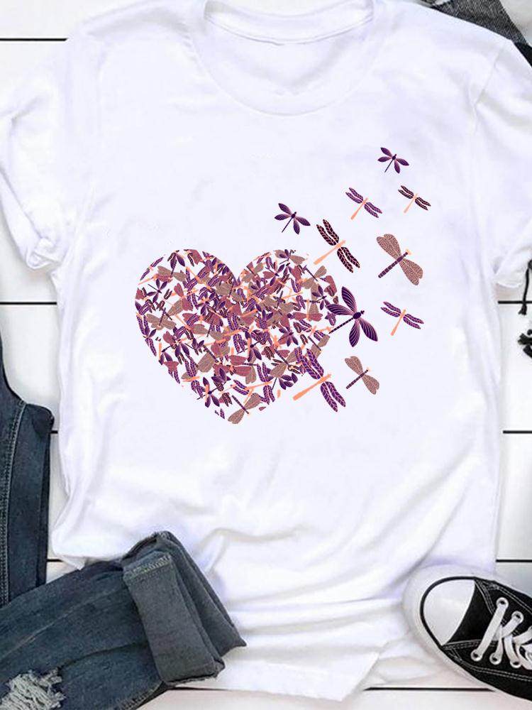 Dragonfly T shirt Women 欧美时尚蜻蜓印花短袖T恤夏季女士上衣