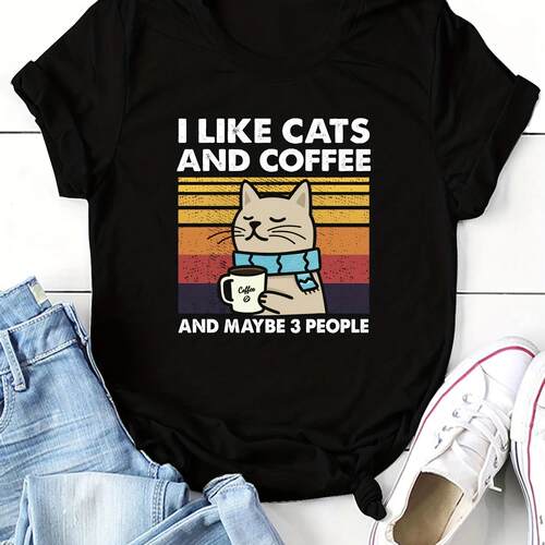 Cute Cat T shirt 超火卡通喝咖啡猫咪印花T恤夏季大码亲子装上衣