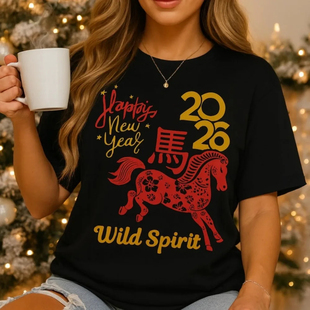 Year shirt 2026新年快乐马年T恤新春短袖 上衣 Happy 亲子装 New