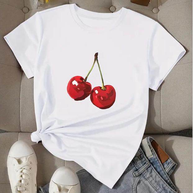 Cherry T shirt 夏季白色女装时尚樱桃印花女士T恤休闲圆领上衣