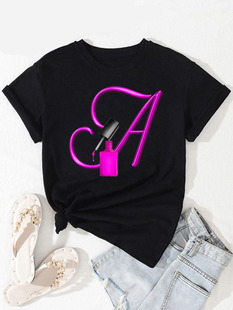 shirt Nail 超火26英文字母指甲油印花女士T恤 Font Art Letter