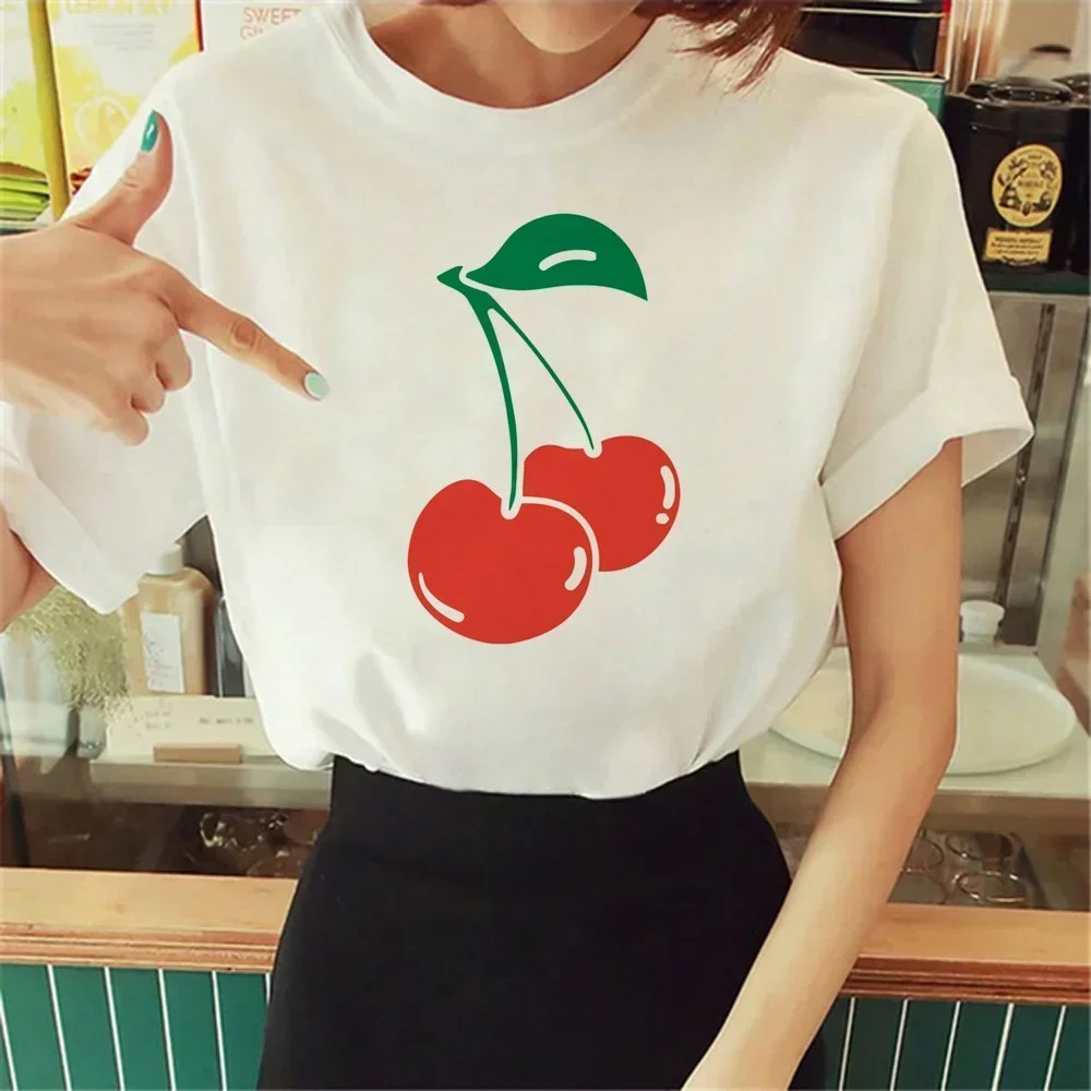 Cherry T shirt 2026新款樱桃水果印花女士短袖T恤白色打底衫上衣