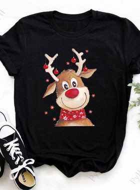 黑色T恤女可爱圣诞鹿圣诞节短袖T恤2020新款宽松学生打底半袖衫