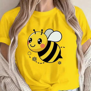 shirt 卡通可爱蜜蜂印花女士短袖 T恤休闲夏季 Cute 圆领女装 Bee