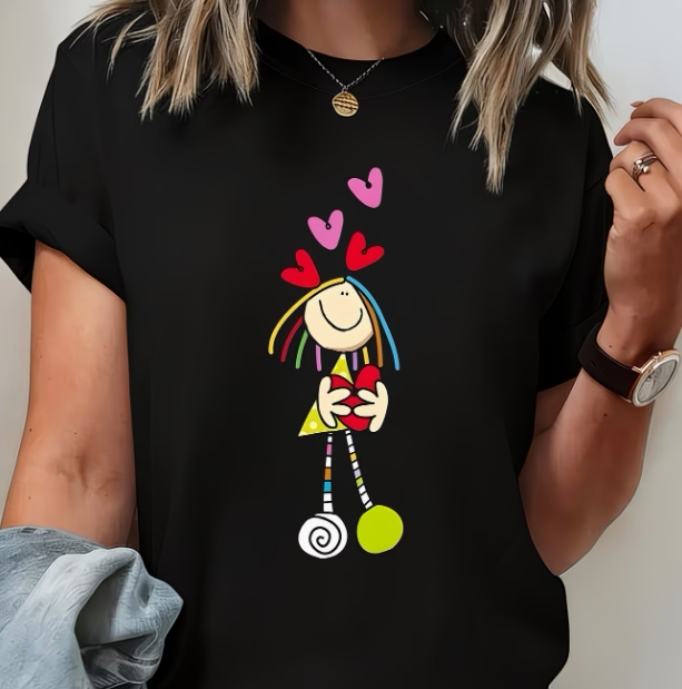 彩色涂鸦简笔画小女孩T恤女甜美少女心印花休闲基础款黑色体恤