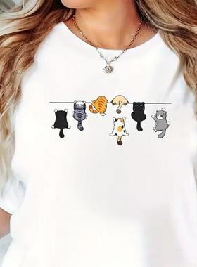 Cat T shirt 卡通可爱猫咪印花女士小清新短袖上衣T恤潮圆领衫