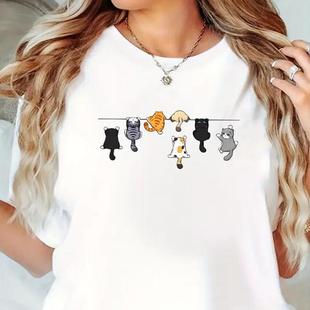上衣T恤潮圆领衫 Cat 卡通可爱猫咪印花女士小清新短袖 shirt