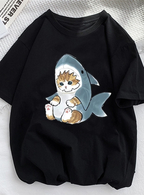 Cute Cat Black T shirt 卡通可爱猫咪T恤黑色夏季亲子装体恤半袖