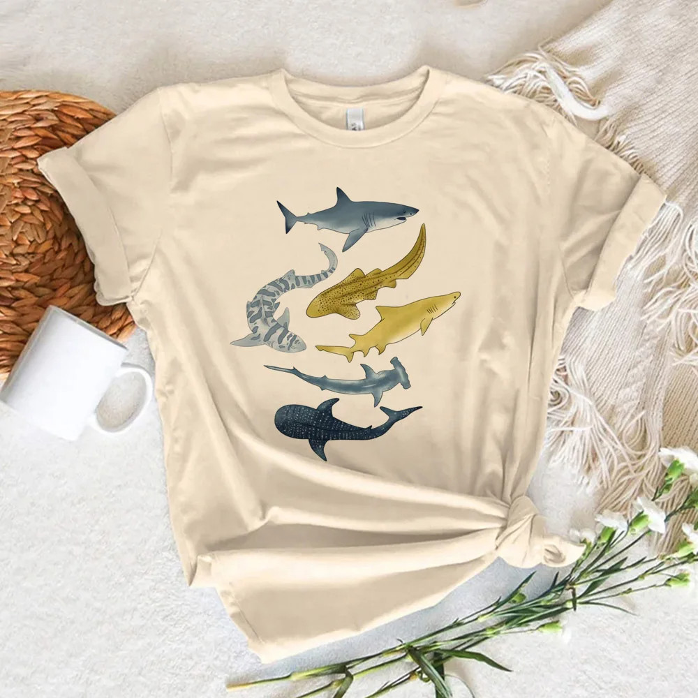 Shark T shirt 夏季女装街头风个性鲨鱼鲸鱼印花T恤女休闲百搭ins
