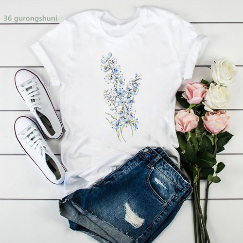 Floral T shirt 日系小众风时尚花朵植物印花短袖T恤女士休闲上衣