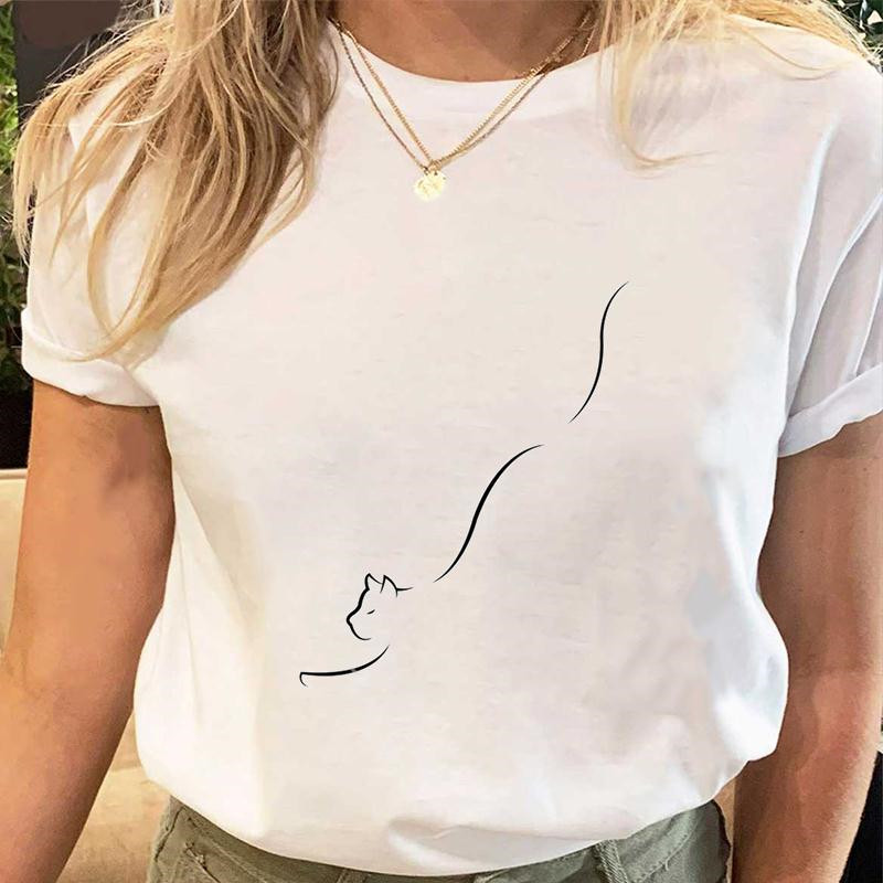 Simple Cat T shirt 夏季女装短袖个性简笔画猫咪印花T恤半袖衫
