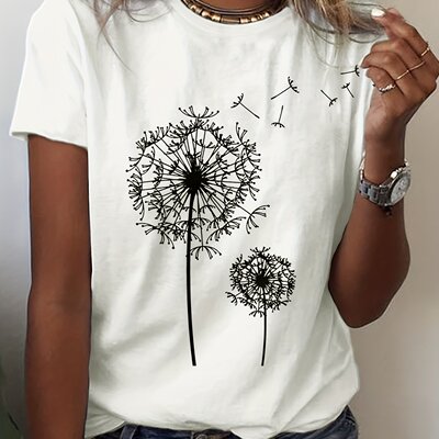 Dandelion Tshirt 个性蒲公英印花短袖T恤女休闲白色圆领半袖上衣