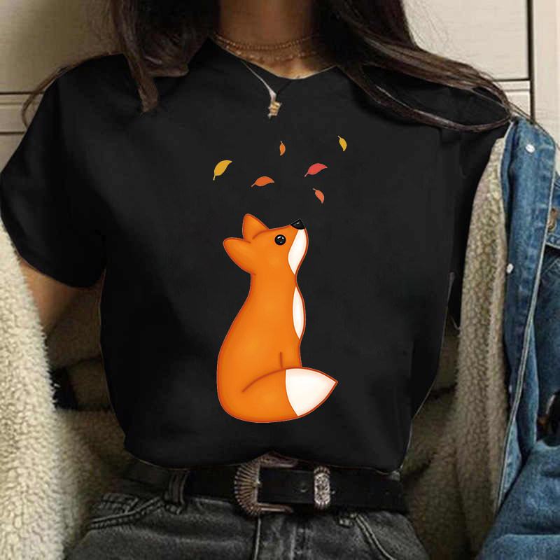 Fox T shirt 黑色女装T恤个性狐狸印花短袖体恤女士设计感体恤衫